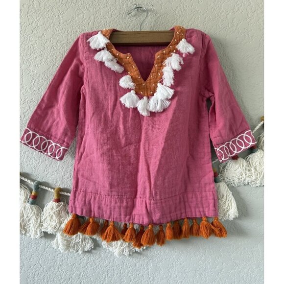 Mer St. Barth Serena Tassel Embroidered Gauze Pink Mini Little Girl Dress Boho 4 - Picture 1 of 8